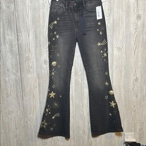 NWT Black SZ 27 Driftwood Gold Shooting Star Embroidered Farrah Flare Jeans